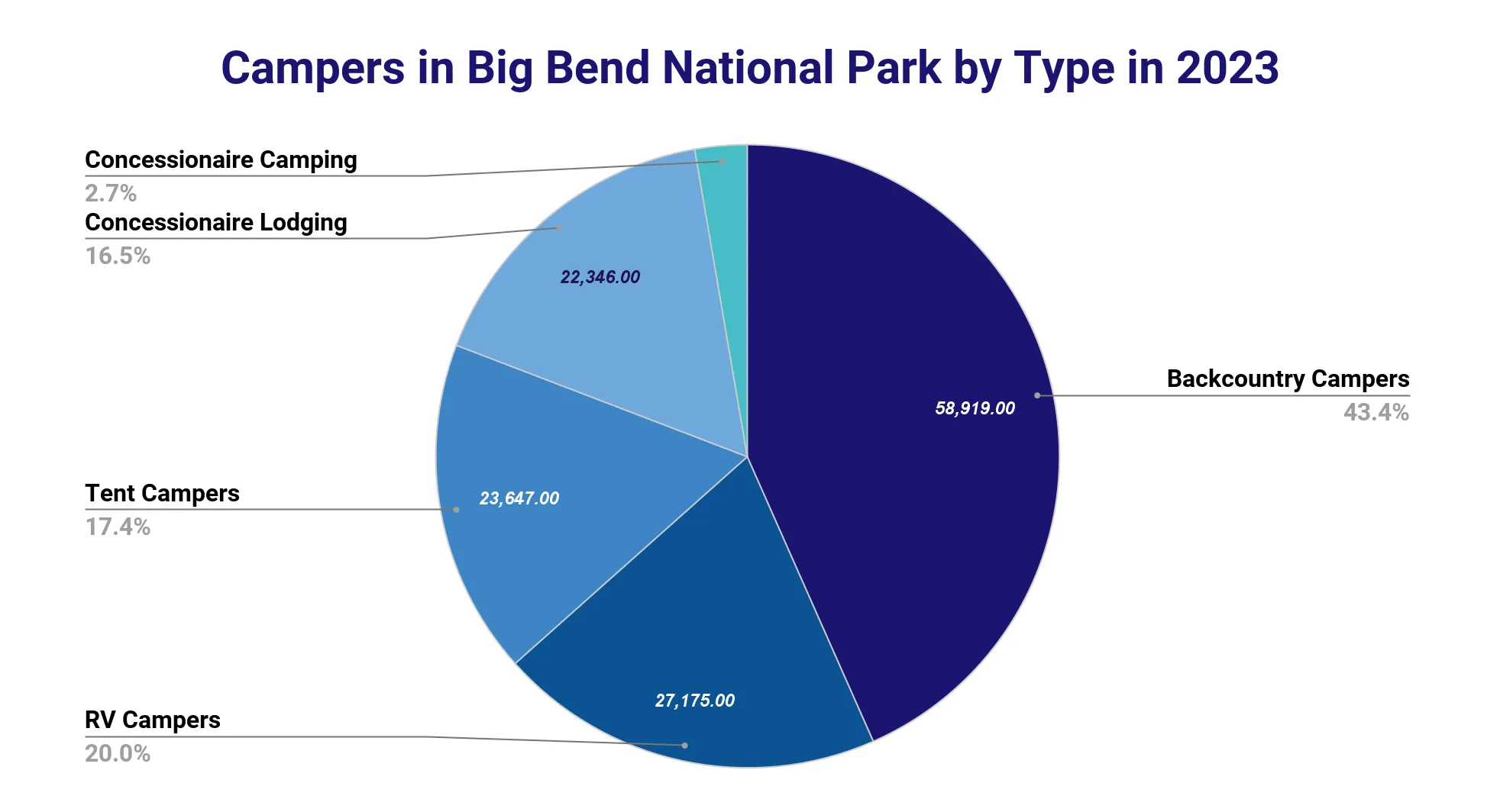 Pie chart of campers in Big Bend National Park by type in 2023: backcountry campers 58,919 visits (43.4 percent), RV campers 27,175 (20.0 percent), tent campers 23,647 (17.4 percent), concessionaire lodging 22,346 (16.5 percent) and concessionaire camping 3,695 (2.7 percent)