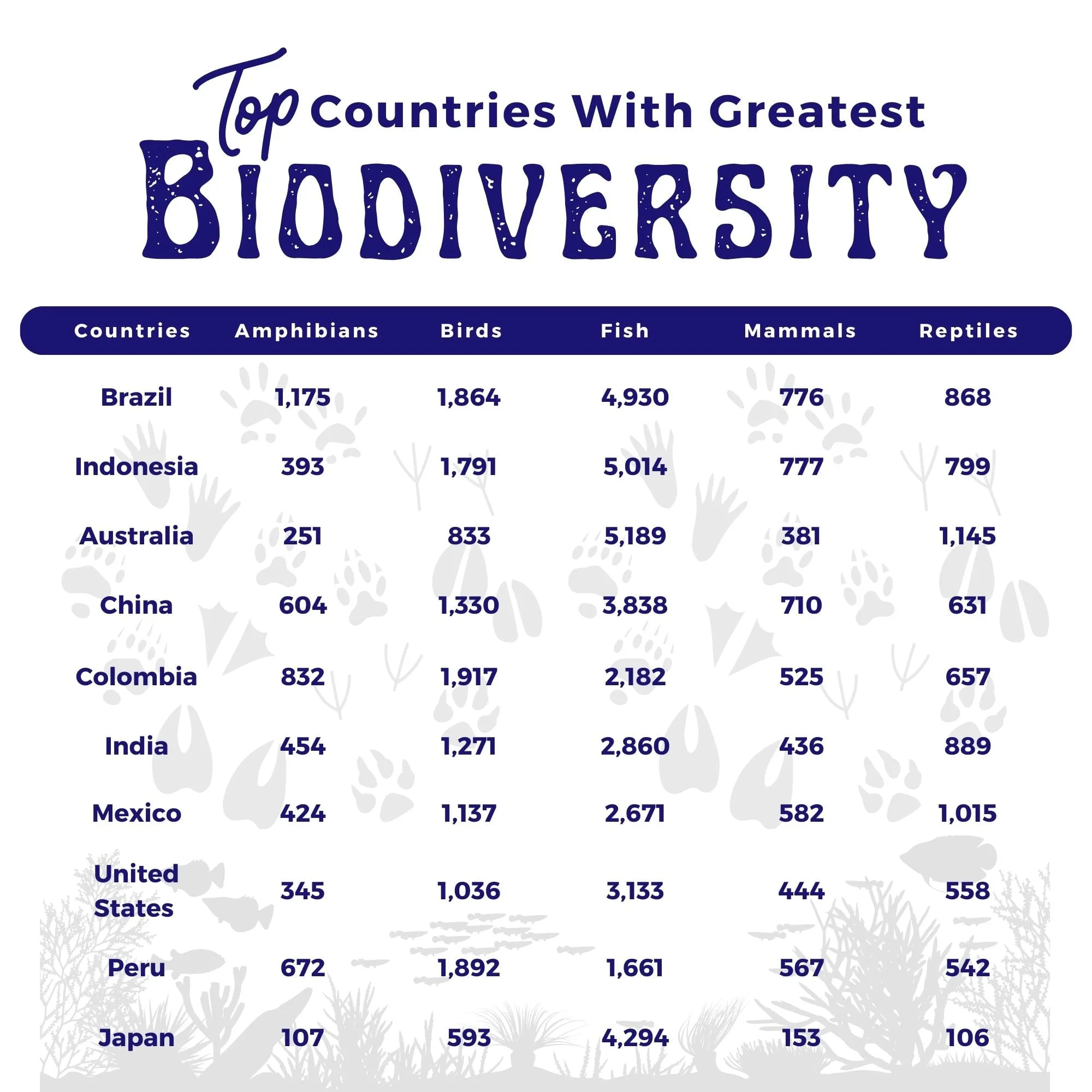 Ranked table graphic listing the top countries with the greatest biodiversity by number of amphibian, bird, fish, mammal and reptile species.