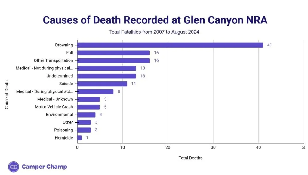 Bar chart of causes of death recorded at Glen Canyon NRA from 2007 to August 2024