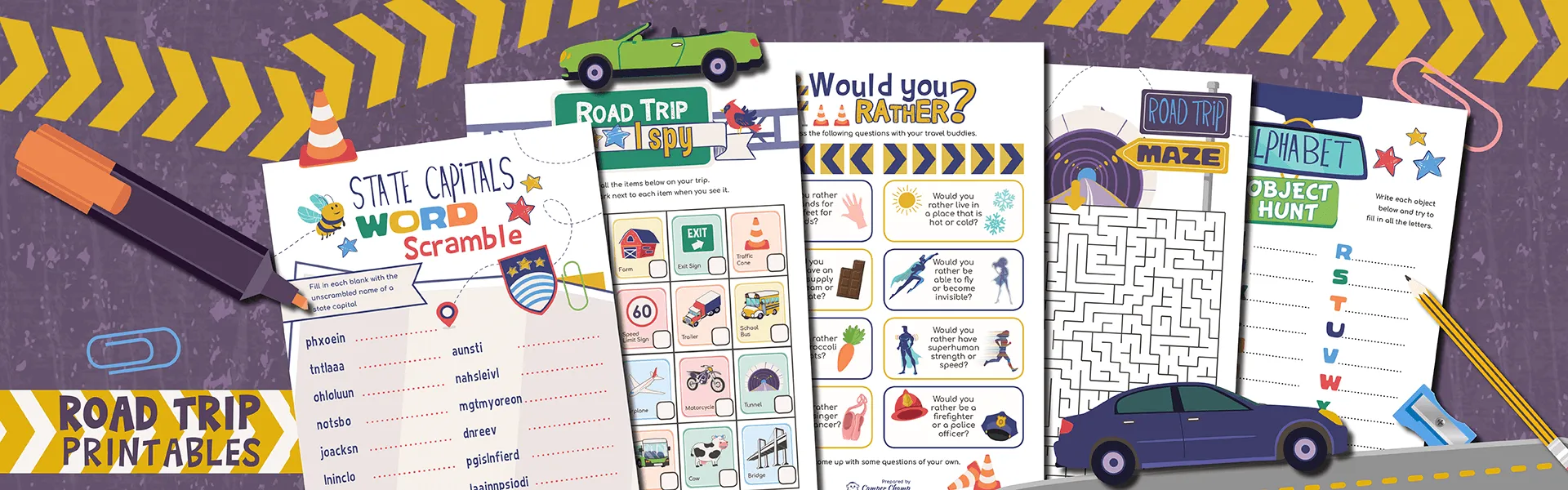 Road Trip Printables banner showing a fan of the activity sheets — word scramble, I Spy, Would You Rather, maze and alphabet hunt — with cartoon cars and a highlighter pen