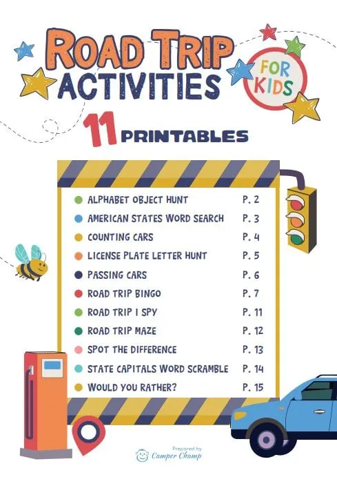 Contents page of the Road Trip Activities for Kids pack listing all 11 printables with their page numbers, from Alphabet Object Hunt on page 2 to Would You Rather? on page 15