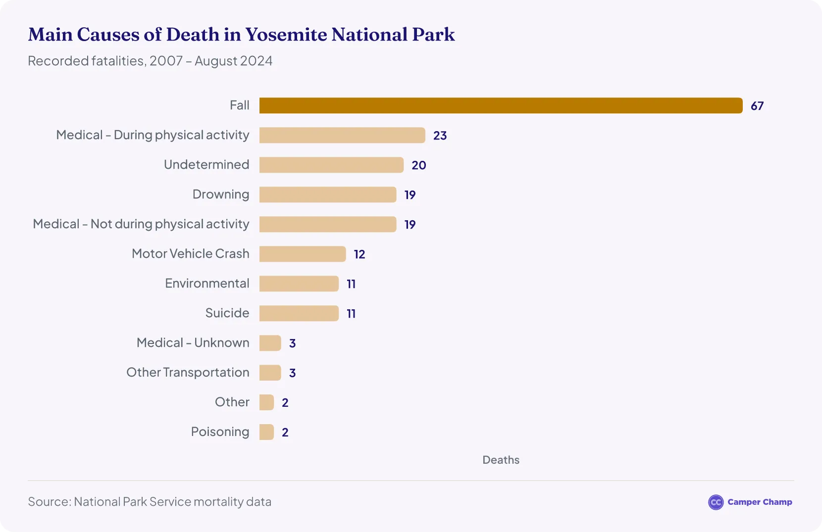 Horizontal bar chart of Yosemite fatality causes 2007 to August 2024: Fall 65, Medical-Activity Based 22, Undetermined 20, Drowning 19, Medical-Non-Activity 19, Motor Vehicle Crash 12.